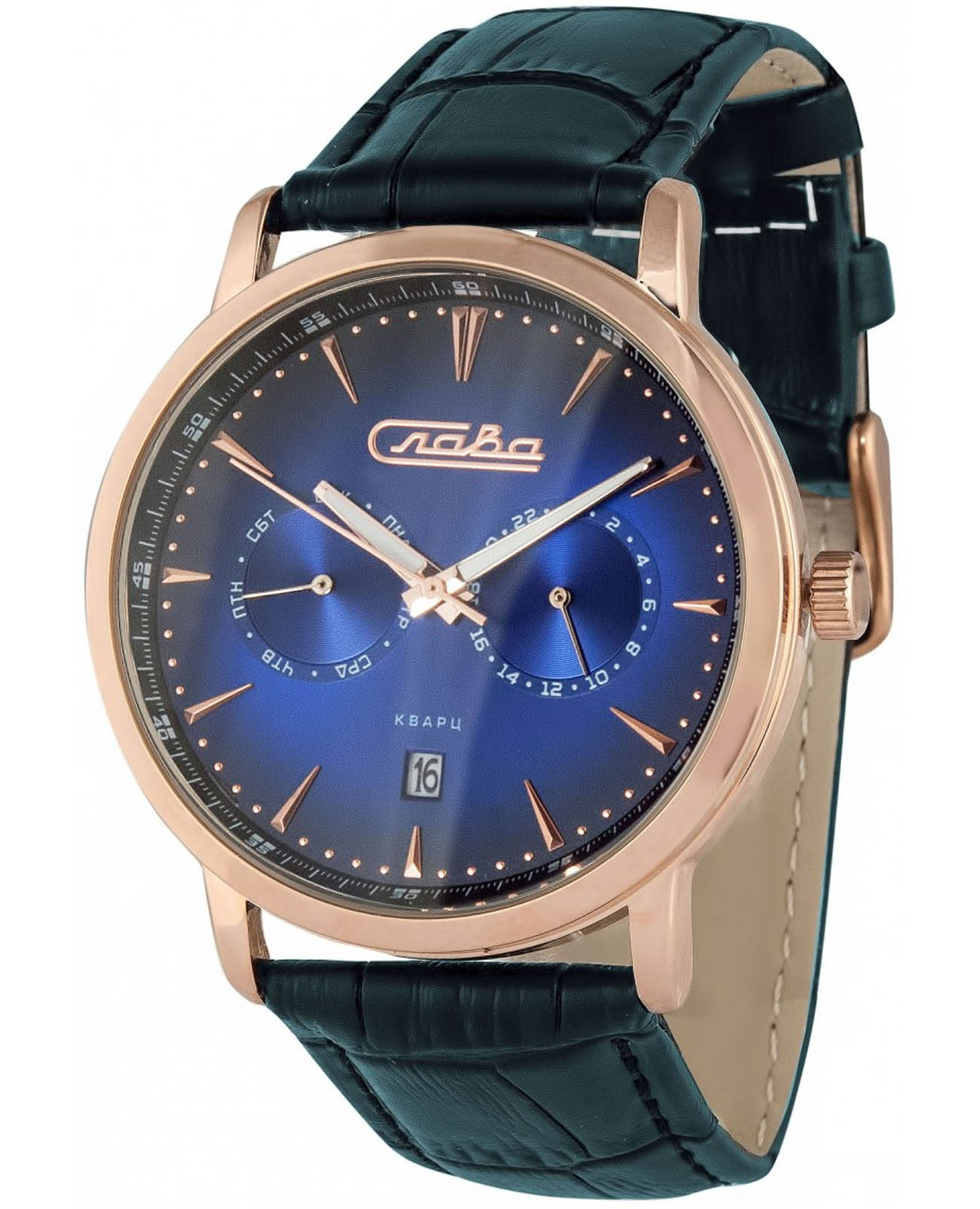 Слава Слава Традиция 2333474/300-JP21  2333474/300-JP21 кварцевые мужские часы синий циферблат, браслет кожаный — вид спереди